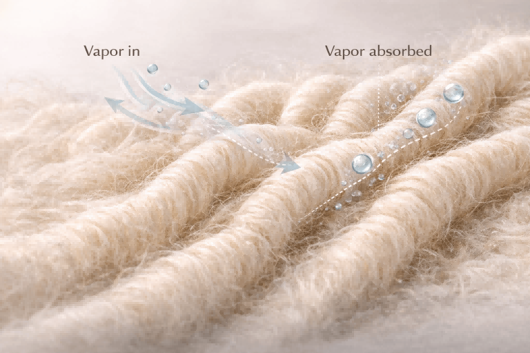 A diagram showing how a wool fiber absorbs moisture vapor